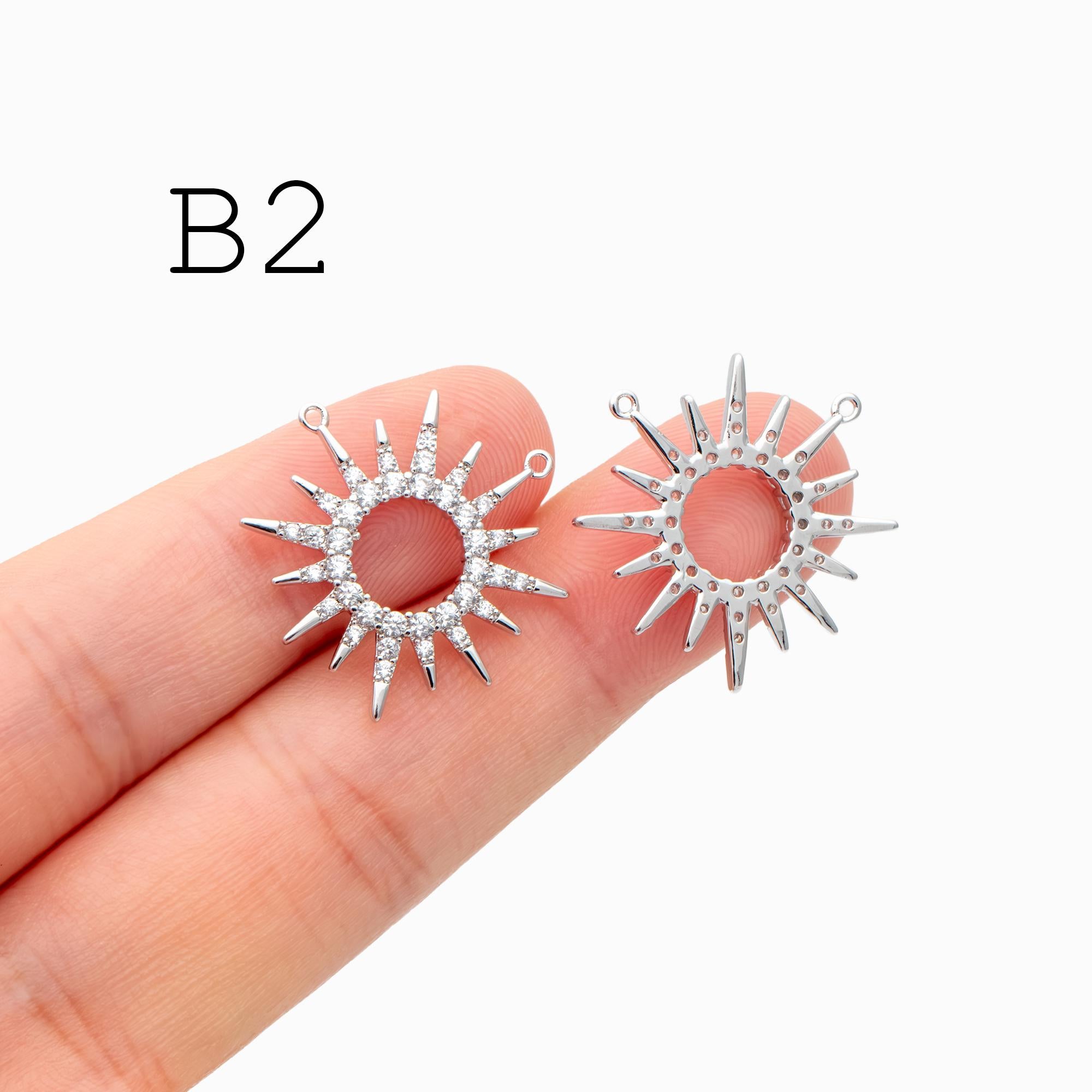 4pcs Gold/ Silver CZ Sun Charm Connectors, Real Gold/ Rhodium plated Brass, Jewelry Supply (GB-2000)